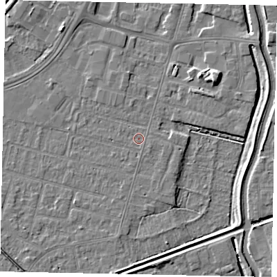 Shaded relief map of the ground around LN67TJ, computed from Environment Agency LiDAR. The ground here sits at about 5 m above sea level and falls 7 m across the surrounding 800 m. Surface water reaching this point runs off ground lying to the south-south-east, 0.6 m higher.