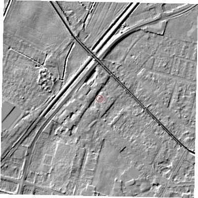 Shaded relief map of the ground around LN67TL, computed from Environment Agency LiDAR. The ground here sits at about 6 m above sea level and falls 6 m across the surrounding 800 m. Surface water reaching this point runs off ground lying to the south, 4.4 m higher.