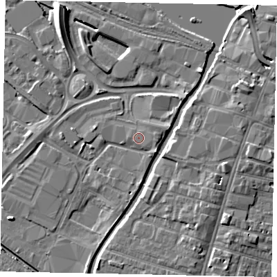 Shaded relief map of the ground around LN67TP, computed from Environment Agency LiDAR. The ground here sits at about 6 m above sea level and falls 9 m across the surrounding 800 m. The ground contributing surface water to this point lies to the west-south-west.