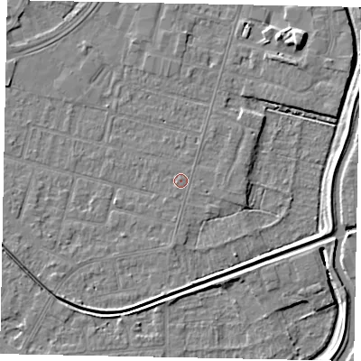 Shaded relief map of the ground around LN67TQ, computed from Environment Agency LiDAR. The ground here sits at about 5 m above sea level and falls 7 m across the surrounding 800 m. Surface water reaching this point runs off ground lying to the south, 0.8 m higher.