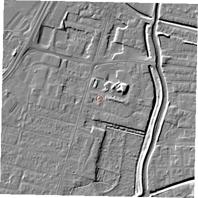 Shaded relief map of the ground around LN67TR, computed from Environment Agency LiDAR. The ground here sits at about 5 m above sea level and falls 7 m across the surrounding 800 m. Surface water reaching this point runs off ground lying to the east-north-east, 6.7 m higher.