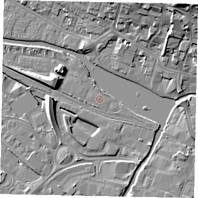 Shaded relief map of the ground around LN67TS, computed from Environment Agency LiDAR. The ground here sits at about 6 m above sea level and falls 22 m across the surrounding 800 m. Surface water reaching this point runs off ground lying to the north-east, 0.6 m higher.