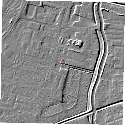 Shaded relief map of the ground around LN67TT, computed from Environment Agency LiDAR. The ground here sits at about 5 m above sea level and falls 7 m across the surrounding 800 m. Surface water reaching this point runs off ground lying to the south, 3.9 m higher.
