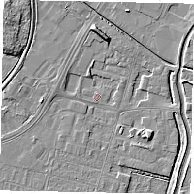 Shaded relief map of the ground around LN67TU, computed from Environment Agency LiDAR. The ground here sits at about 4 m above sea level and falls 8 m across the surrounding 800 m. Surface water reaching this point runs off ground lying to the south-west, 3.0 m higher.