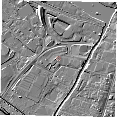 Shaded relief map of the ground around LN67TW, computed from Environment Agency LiDAR. The ground here sits at about 6 m above sea level and falls 9 m across the surrounding 800 m. Surface water reaching this point runs off ground lying to the east-south-east, 0.7 m higher.