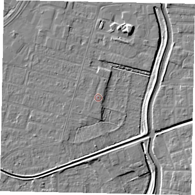 Shaded relief map of the ground around LN67TY, computed from Environment Agency LiDAR. The ground here sits at about 5 m above sea level and falls 7 m across the surrounding 800 m. Surface water reaching this point runs off ground lying to the south-south-west, 3.9 m higher.