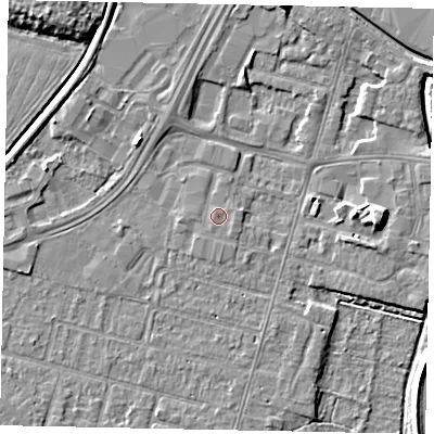 Shaded relief map of the ground around LN67UB, computed from Environment Agency LiDAR. The ground here sits at about 5 m above sea level and falls 7 m across the surrounding 800 m. Surface water reaching this point runs off ground lying to the east-south-east, 0.6 m higher.