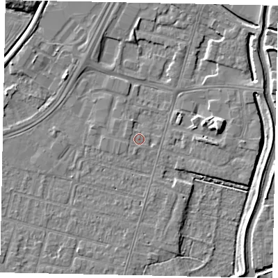 Shaded relief map of the ground around LN67UD, computed from Environment Agency LiDAR. The ground here sits at about 5 m above sea level and falls 7 m across the surrounding 800 m. Surface water reaching this point runs off ground lying to the west-north-west, 3.0 m higher.
