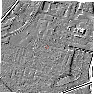 Shaded relief map of the ground around LN67UE, computed from Environment Agency LiDAR. The ground here sits at about 5 m above sea level and falls 7 m across the surrounding 800 m. Surface water reaching this point runs off ground lying to the north-north-west, 0.9 m higher.