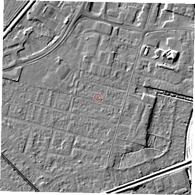 Shaded relief map of the ground around LN67UF, computed from Environment Agency LiDAR. The ground here sits at about 5 m above sea level and falls 7 m across the surrounding 800 m. Surface water reaching this point runs off ground lying to the south-east, 1.0 m higher.