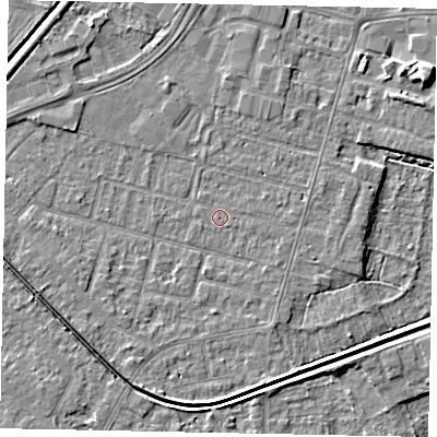 Shaded relief map of the ground around LN67UG, computed from Environment Agency LiDAR. The ground here sits at about 5 m above sea level and falls 7 m across the surrounding 800 m. Surface water reaching this point runs off ground lying to the south-south-east, 1.2 m higher.