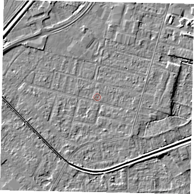 Shaded relief map of the ground around LN67UH, computed from Environment Agency LiDAR. The ground here sits at about 5 m above sea level and falls 5 m across the surrounding 800 m. Surface water reaching this point runs off ground lying to the south-south-west, 2.6 m higher.