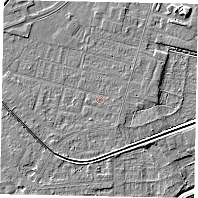 Shaded relief map of the ground around LN67UJ, computed from Environment Agency LiDAR. The ground here sits at about 5 m above sea level and falls 7 m across the surrounding 800 m. Surface water reaching this point runs off ground lying to the east-south-east, 1.0 m higher.