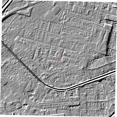 Shaded relief map of the ground around LN67UL, computed from Environment Agency LiDAR. The ground here sits at about 5 m above sea level and falls 7 m across the surrounding 800 m. Surface water reaching this point runs off ground lying to the south-south-west, 2.5 m higher.