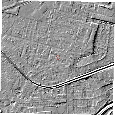 Shaded relief map of the ground around LN67UN, computed from Environment Agency LiDAR. The ground here sits at about 5 m above sea level and falls 7 m across the surrounding 800 m. Surface water reaching this point runs off ground lying to the south-east, 0.7 m higher.