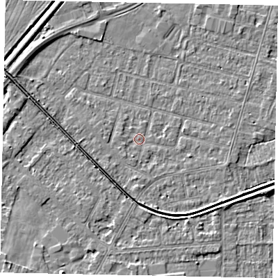 Shaded relief map of the ground around LN67UP, computed from Environment Agency LiDAR. The ground here sits at about 5 m above sea level and falls 6 m across the surrounding 800 m. Surface water reaching this point runs off ground lying to the south-west, 2.1 m higher.