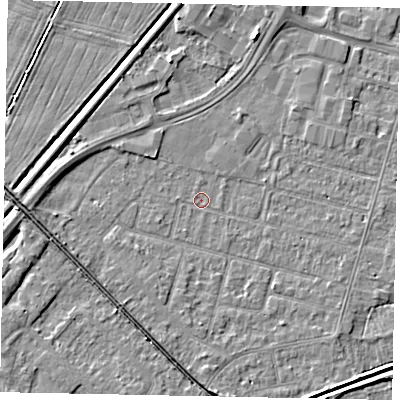 Shaded relief map of the ground around LN67UQ, computed from Environment Agency LiDAR. The ground here sits at about 5 m above sea level and falls 5 m across the surrounding 800 m. Surface water reaching this point runs off ground lying to the south-south-west, 2.7 m higher.
