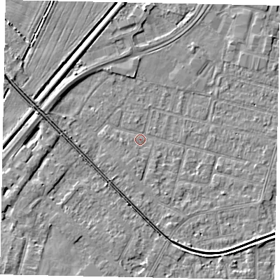 Shaded relief map of the ground around LN67UR, computed from Environment Agency LiDAR. The ground here sits at about 5 m above sea level and falls 5 m across the surrounding 800 m. Surface water reaching this point runs off ground lying to the south-south-east, 2.9 m higher.