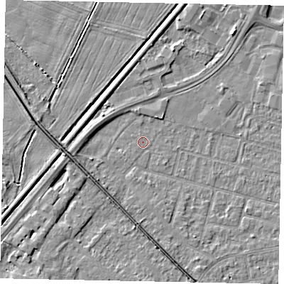 Shaded relief map of the ground around LN67UU, computed from Environment Agency LiDAR. The ground here sits at about 5 m above sea level and falls 5 m across the surrounding 800 m. Surface water reaching this point runs off ground lying to the south-west, 2.7 m higher.