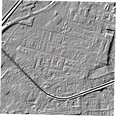Shaded relief map of the ground around LN67UW, computed from Environment Agency LiDAR. The ground here sits at about 5 m above sea level and falls 6 m across the surrounding 800 m. Surface water reaching this point runs off ground lying to the south, 2.6 m higher.