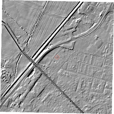 Shaded relief map of the ground around LN67UX, computed from Environment Agency LiDAR. The ground here sits at about 5 m above sea level and falls 5 m across the surrounding 800 m. Surface water reaching this point runs off ground lying to the south-south-west, 2.7 m higher.