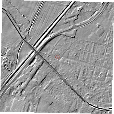 Shaded relief map of the ground around LN67UY, computed from Environment Agency LiDAR. The ground here sits at about 5 m above sea level and falls 5 m across the surrounding 800 m. Surface water reaching this point runs off ground lying to the west-south-west, 2.2 m higher.
