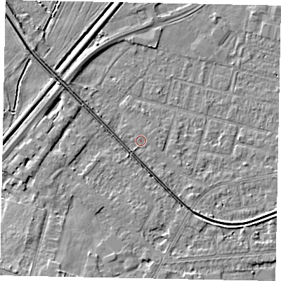 Shaded relief map of the ground around LN67UZ, computed from Environment Agency LiDAR. The ground here sits at about 6 m above sea level and falls 6 m across the surrounding 800 m. Surface water reaching this point runs off ground lying to the south-west, 1.3 m higher.