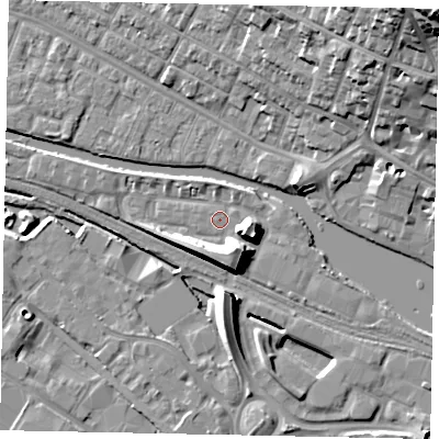 Shaded relief map of the ground around LN67WA, computed from Environment Agency LiDAR. The ground here sits at about 5 m above sea level and falls 28 m across the surrounding 800 m. Surface water reaching this point runs off ground lying to the east-south-east, 8.1 m higher.