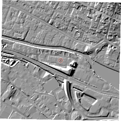Shaded relief map of the ground around LN67WB, computed from Environment Agency LiDAR. The ground here sits at about 5 m above sea level and falls 25 m across the surrounding 800 m. Surface water reaching this point runs off ground lying to the east-south-east, 8.1 m higher.
