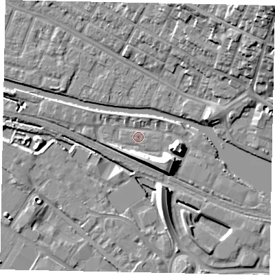 Shaded relief map of the ground around LN67WD, computed from Environment Agency LiDAR. The ground here sits at about 5 m above sea level and falls 22 m across the surrounding 800 m. Surface water reaching this point runs off ground lying to the east-south-east, 8.2 m higher.