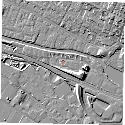 Shaded relief map of the ground around LN67WE, computed from Environment Agency LiDAR. The ground here sits at about 5 m above sea level and falls 21 m across the surrounding 800 m. Surface water reaching this point runs off ground lying to the east-south-east, 8.2 m higher.