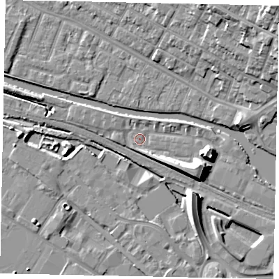 Shaded relief map of the ground around LN67WF, computed from Environment Agency LiDAR. The ground here sits at about 5 m above sea level and falls 18 m across the surrounding 800 m. Surface water reaching this point runs off ground lying to the east-south-east, 8.2 m higher.