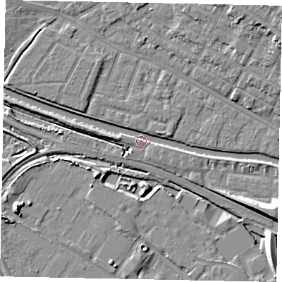 Shaded relief map of the ground around LN67WW, computed from Environment Agency LiDAR. The ground here sits at about 5 m above sea level and falls 13 m across the surrounding 800 m. Surface water reaching this point runs off ground lying to the west-north-west, 3.1 m higher.
