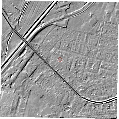 Shaded relief map of the ground around LN67XA, computed from Environment Agency LiDAR. The ground here sits at about 5 m above sea level and falls 5 m across the surrounding 800 m. The ground contributing surface water to this point lies to the south-east.