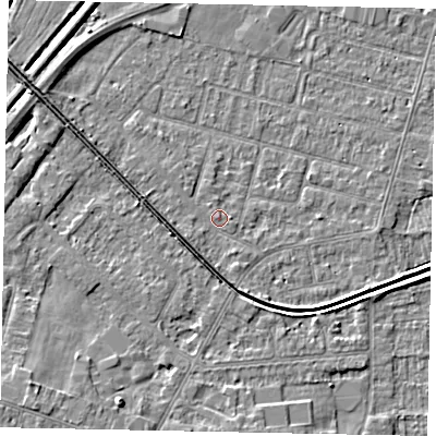 Shaded relief map of the ground around LN67XB, computed from Environment Agency LiDAR. The ground here sits at about 6 m above sea level and falls 6 m across the surrounding 800 m. Surface water reaching this point runs off ground lying to the south-west, 1.6 m higher.