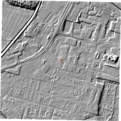 Shaded relief map of the ground around LN67XD, computed from Environment Agency LiDAR. The ground here sits at about 5 m above sea level and falls 7 m across the surrounding 800 m. Surface water reaching this point runs off ground lying to the south-south-west, 0.5 m higher.