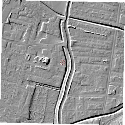 Shaded relief map of the ground around LN67XL, computed from Environment Agency LiDAR. The ground here sits at about 5 m above sea level and falls 7 m across the surrounding 800 m. Surface water reaching this point runs off ground lying to the south-west, 0.8 m higher.
