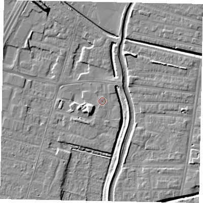 Shaded relief map of the ground around LN67XN, computed from Environment Agency LiDAR. The ground here sits at about 5 m above sea level and falls 8 m across the surrounding 800 m. The ground contributing surface water to this point lies to the south-south-east.