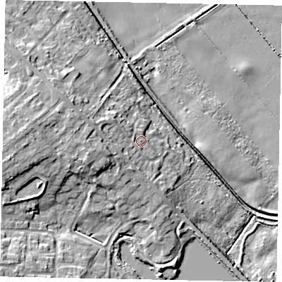 Shaded relief map of the ground around LN67YT, computed from Environment Agency LiDAR. The ground here sits at about 11 m above sea level and falls 14 m across the surrounding 800 m. Surface water reaching this point runs off ground lying to the west-north-west, 5.2 m higher.