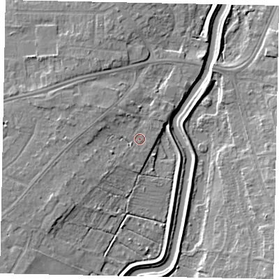 Shaded relief map of the ground around LN68DG, computed from Environment Agency LiDAR. The ground here sits at about 7 m above sea level and falls 7 m across the surrounding 800 m. Surface water reaching this point runs off ground lying to the south-west, 3.3 m higher.
