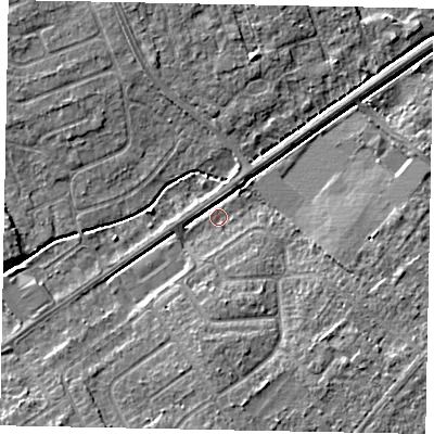 Shaded relief map of the ground around LN68HN, computed from Environment Agency LiDAR. The ground here sits at about 8 m above sea level and falls 5 m across the surrounding 800 m. Surface water reaching this point runs off ground lying to the south, 4.6 m higher.