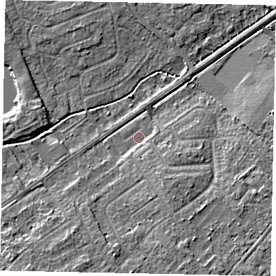 Shaded relief map of the ground around LN68HW, computed from Environment Agency LiDAR. The ground here sits at about 8 m above sea level and falls 5 m across the surrounding 800 m. Surface water reaching this point runs off ground lying to the south-south-east, 3.0 m higher.