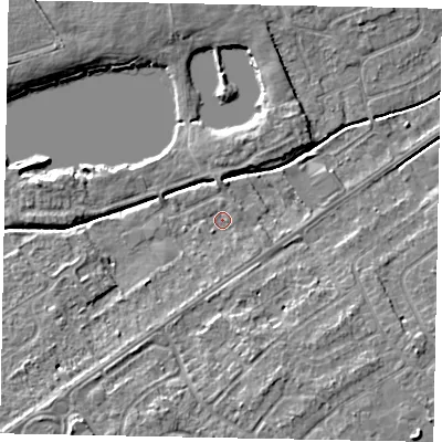 Shaded relief map of the ground around LN68NY, computed from Environment Agency LiDAR. The ground here sits at about 8 m above sea level and falls 5 m across the surrounding 800 m. Surface water reaching this point runs off ground lying to the south, 1.3 m higher.