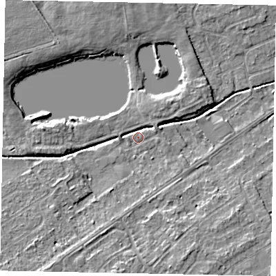 Shaded relief map of the ground around LN68QZ, computed from Environment Agency LiDAR. The ground here sits at about 8 m above sea level and falls 5 m across the surrounding 800 m. Surface water reaching this point runs off ground lying to the north-west, 4.5 m higher.
