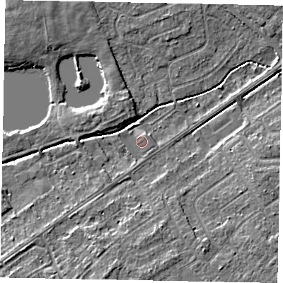 Shaded relief map of the ground around LN68RA, computed from Environment Agency LiDAR. The ground here sits at about 9 m above sea level and falls 5 m across the surrounding 800 m. Surface water reaching this point runs off ground lying to the north-east, 2.1 m higher.