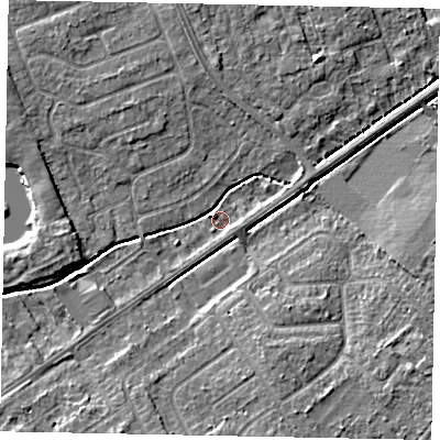 Shaded relief map of the ground around LN68RB, computed from Environment Agency LiDAR. The ground here sits at about 8 m above sea level and falls 5 m across the surrounding 800 m. Surface water reaching this point runs off ground lying to the north, 3.2 m higher.
