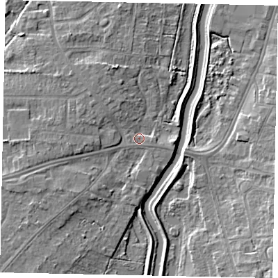 Shaded relief map of the ground around LN68RJ, computed from Environment Agency LiDAR. The ground here sits at about 7 m above sea level and falls 8 m across the surrounding 800 m. Surface water reaching this point runs off ground lying to the west-south-west, 3.8 m higher.