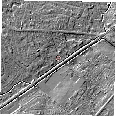 Shaded relief map of the ground around LN68SA, computed from Environment Agency LiDAR. The ground here sits at about 8 m above sea level and falls 5 m across the surrounding 800 m. Surface water reaching this point runs off ground lying to the west-north-west, 3.5 m higher.