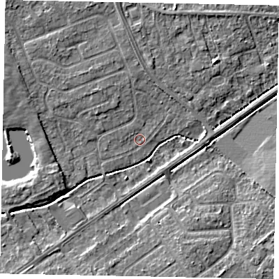 Shaded relief map of the ground around LN68TJ, computed from Environment Agency LiDAR. The ground here sits at about 8 m above sea level and falls 5 m across the surrounding 800 m. Surface water reaching this point runs off ground lying to the west-north-west, 3.8 m higher.