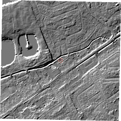 Shaded relief map of the ground around LN68TW, computed from Environment Agency LiDAR. The ground here sits at about 8 m above sea level and falls 5 m across the surrounding 800 m. Surface water reaching this point runs off ground lying to the west-north-west, 3.5 m higher.
